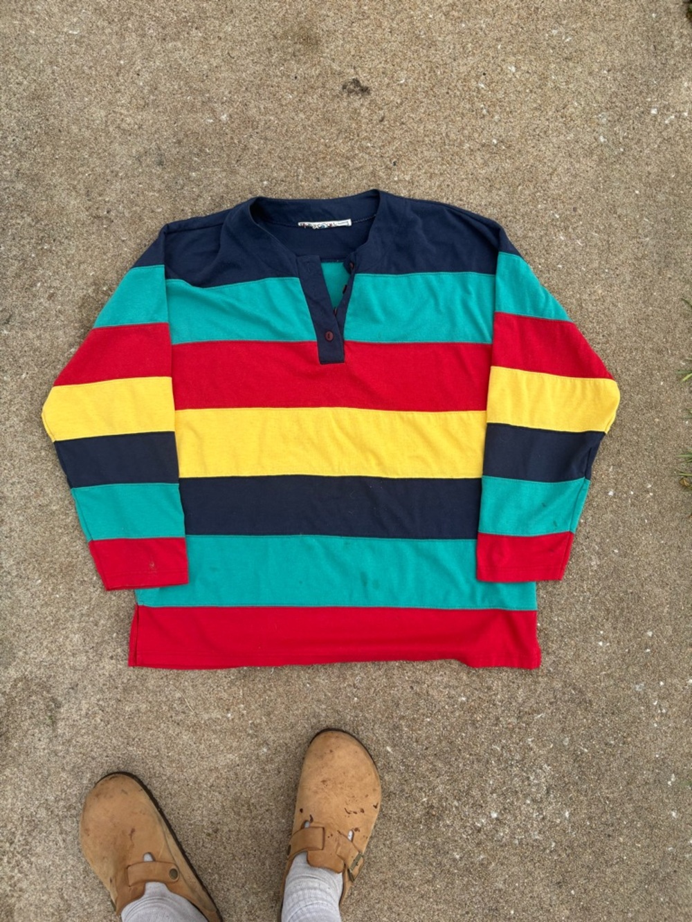 80s-90s colorful Henley style long sleeve tee